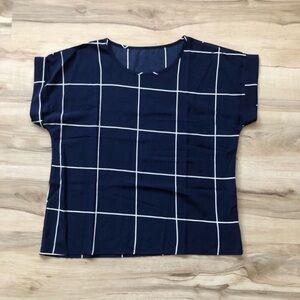SHEIN Navy and White Grid Short Sleeve Top